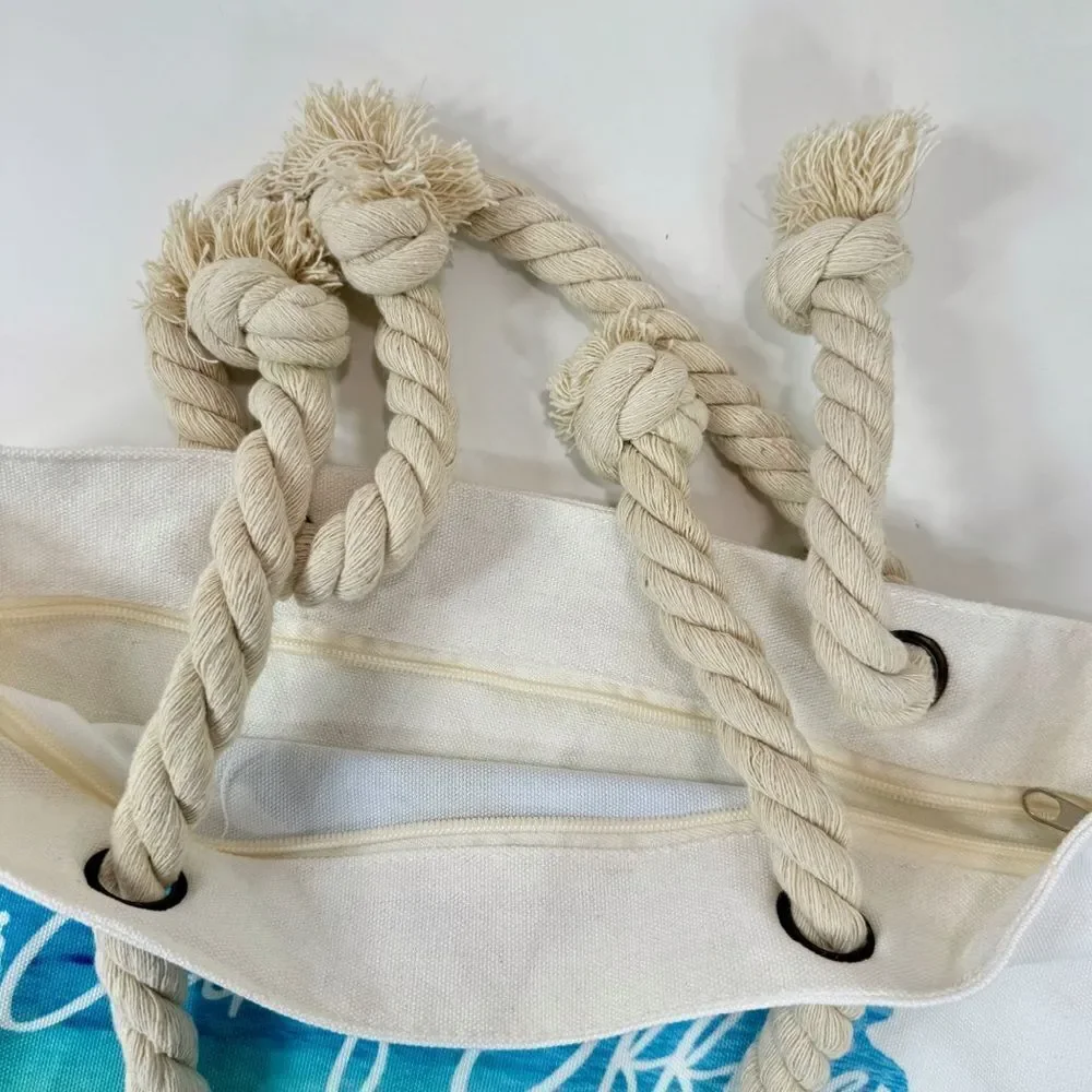 Tropical Out Of Office Beach Scene Canvas Tote Bag‎ White Rope Straps